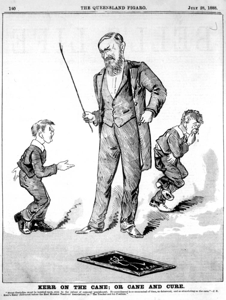 Cartoon of 1888: a bearded schoolmaster raises a long cane while one boy holds out his hand and another sucks his caned fingers